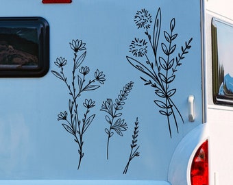 Set of 3 large hand drawn wild flower line art vinyl decals mural for cars vans campervans caravans