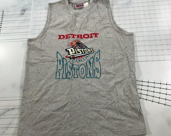 Vintage Detroit Pistons Tank Top Jeugd Groot Heather Grey Oud Paard Geborduurd