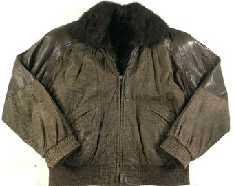 Vintage Alan Michaels Bomber Jacket Womens M Reptile Suede Possum Fur Lining