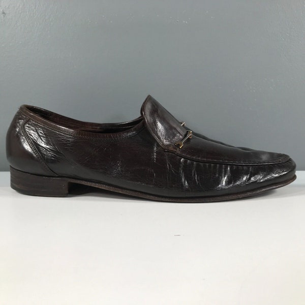 Vintage Florsheim Loafers Mens 9.5 C Polished Dark Brown Leather Horsebit Logos