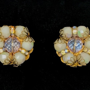 Delicate Vintage Hobé Bead & Rhinestone Clip-on Earrings