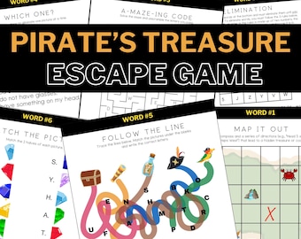 May include: A colorful Pirate's Treasure Escape Game with various puzzle sheets. The game includes mazes, matching, and word puzzles. The title "PIRATE'S TREASURE ESCAPE GAME" is prominently displayed in gold and black.
