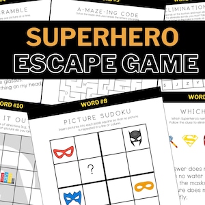 Könnte beinhalten: Eine Sammlung von Escape-Game-Rätseln zum Thema Superhelden. Der Titel "SUPERHERO ESCAPE GAME" ist fett, gelb und weiß. Die Rätsel umfassen Wortsuchrätsel, Labyrinthe und Bild-Sudokus. Die Rätsel sind auf weißem Papier gedruckt.
