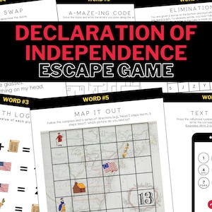 May include: A multi-page escape game titled "Declaration of Independence Escape Game." The game includes puzzles like letter swaps, mazes, and math logs. The pages are white with black text and red titles. A smartphone graphic is also included.