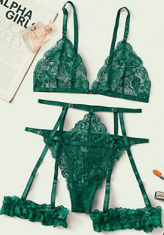 Green lingerie set 3 Piece Lace lingerie Set | Sexy lingerie Set | Bride  gift | Lace lingerie set | lingerie set | Sheer lingerie
