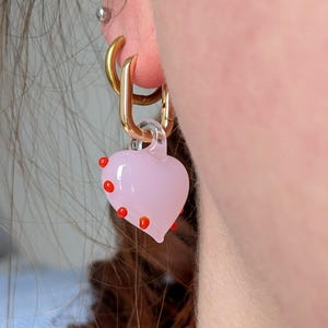 RIA Earrings – Rectangular Hoop Earrings with 3D Glass Heart Charms, Pink Hearts with Red Dots, Gold or Silver Earrings