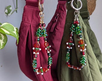 HOLLY Christmas Bag Charm – Beaded Charm with Glass Christmas Trees & Gingerbread Man, Holiday Bag Accessory in Gold or Silver