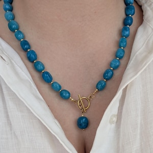ARISTA Necklace – Turquoise Chalcedony Beaded Necklace with Toggle Clasp and Pendant, Long Statement Summer Jewelry