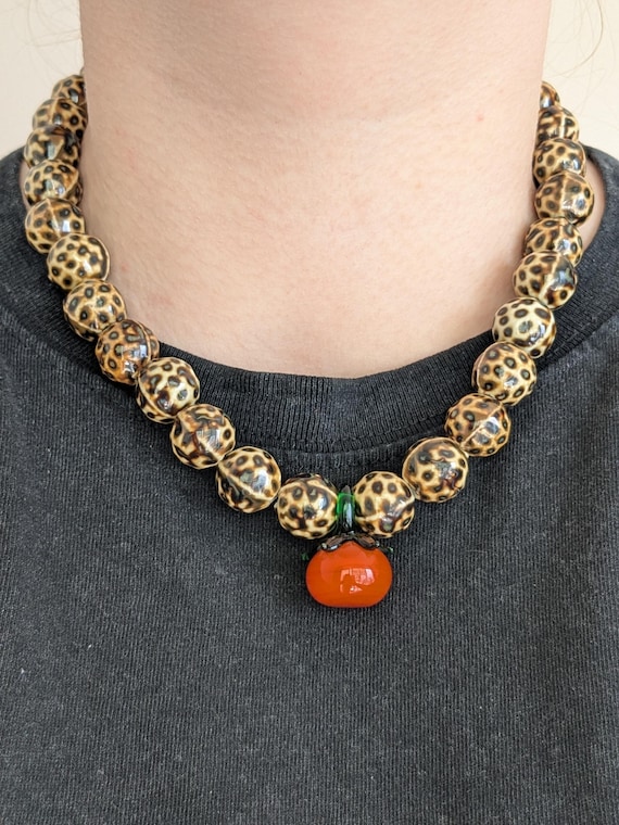 TOMATINA Necklace - Statement Leopard Ceramic Beads & Glass Tomato Pendant Jewellery, Bold Summer Jewelry, Handmade Chunky Necklace