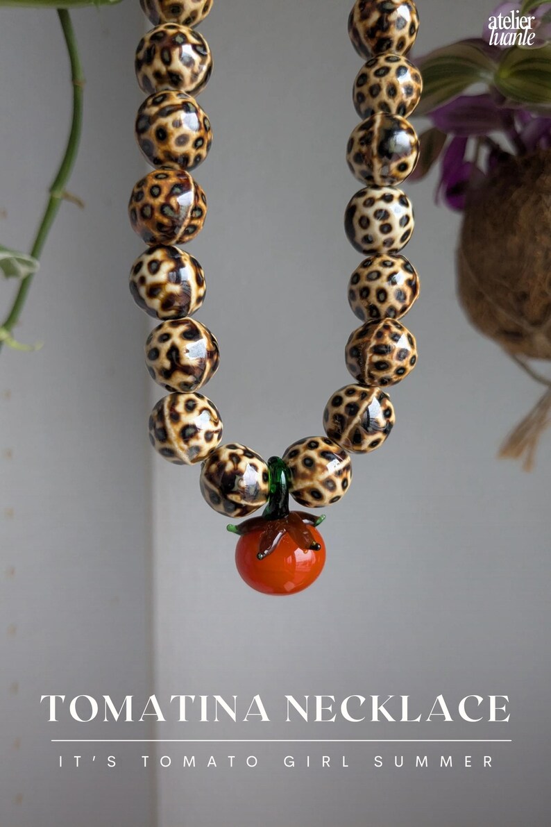 TOMATINA Necklace - Statement Leopard Ceramic Beads & Glass Tomato Pendant Jewellery, Bold Summer Jewelry, Handmade Chunky Necklace image 2