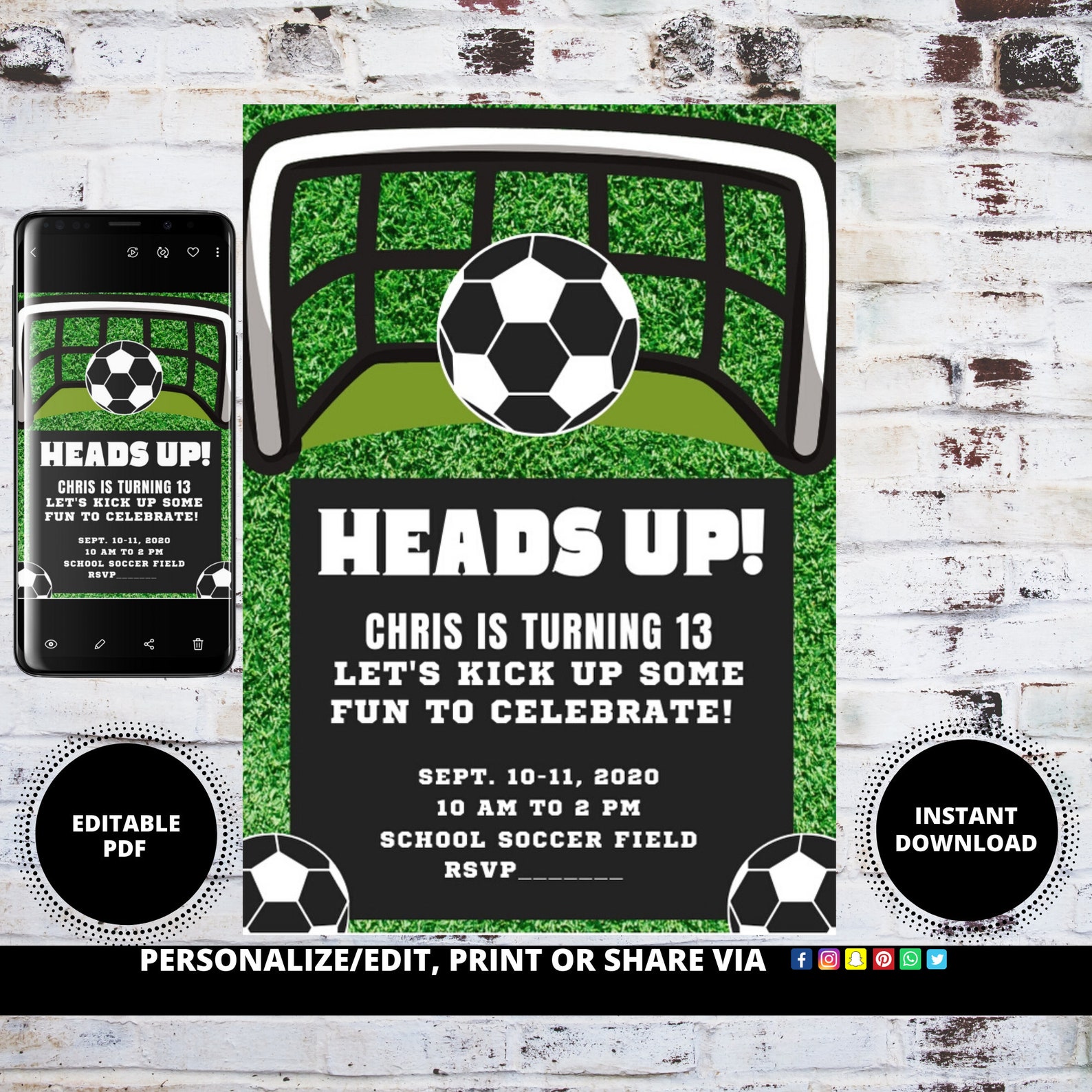 Soccer Invitation Instant Download, Editable Personalized Soccer