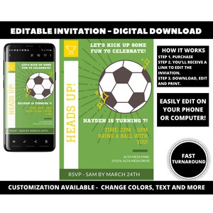 Soccer invitation instant download, editable personalized soccer invitation birthday invite, soccer party invitations, soccer party invite