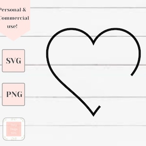 Puede incluir: Un contorno negro de una forma de corazón sobre un fondo de madera blanca. La imagen incluye el texto "SVG" y "PNG" en cuadros rosas.
