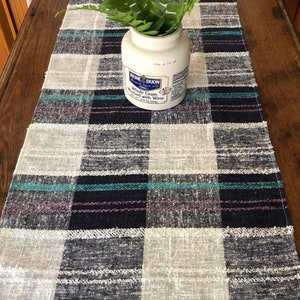 Handmade Vintage Linen Table Runner: Navy & Ivory Buffalo Check
