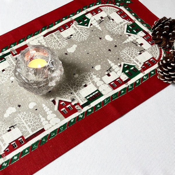 Vintage New Scandinavian Table Runner - Snowy Village Scene Holiday Decor Runner -  Linen + Cotton Nordic Christmas Hygge Decor