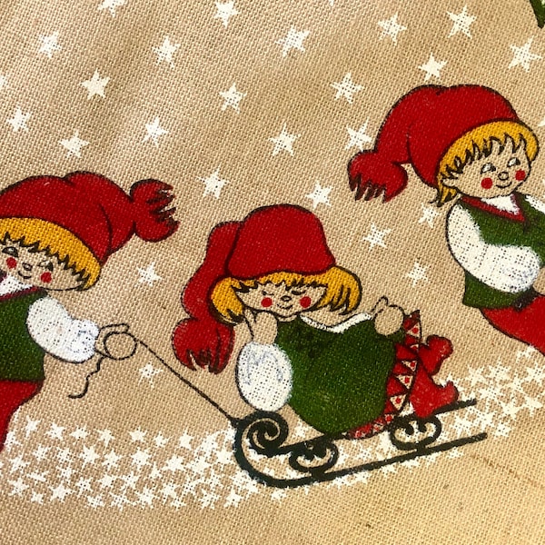 Vintage Scandinavian Holiday Tree Skirt - Nordic Square Jute Tree Skirt/Tablecloth - Vintage Norwegian Burlap Christmas Decor