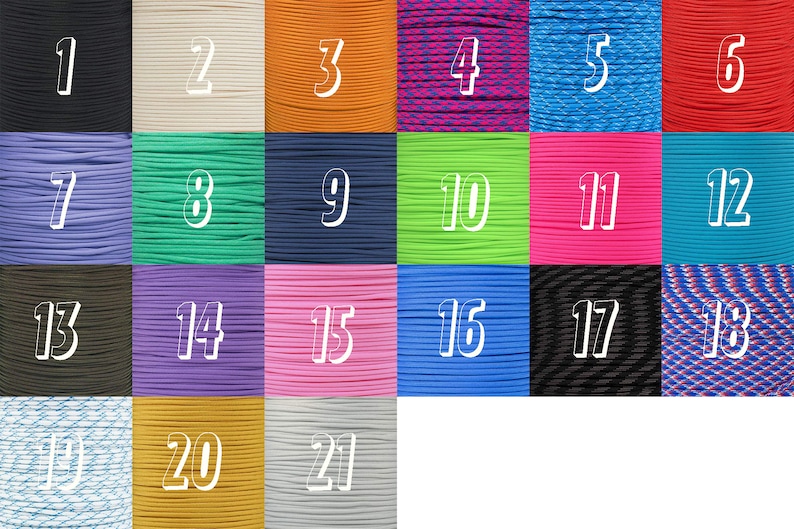 Pode incluir: Uma cole&ccedil;&atilde;o de 21 cores diferentes de paracord, numeradas de 1 a 21. O paracord est&aacute; organizado em filas de tr&ecirc;s, com cada cor em um quadrado separado.