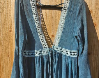 Ice Dyed Blue Boho Duster | Bell Sleeves, Lace Accents | Long Tie-Front Cover Up | Cotton-Linen Look | Festival or Beachwear