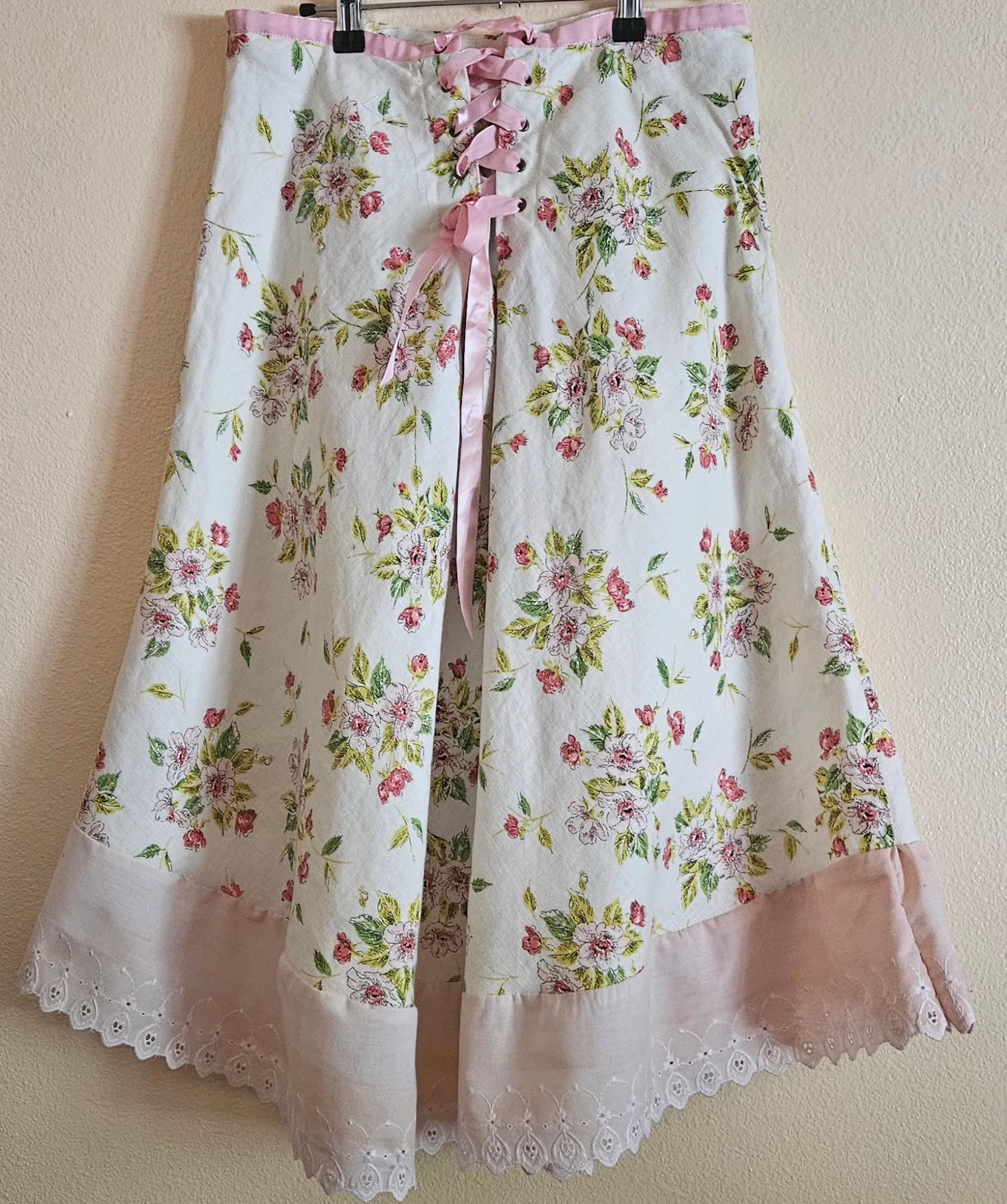 Embellished Vintage Linen Skirt | Ice Dyed Pink Lace & Ribbon | Floral Accents  | Boho Cottagecore