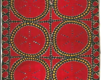 May include: A red textile with a repeating pattern of concentric circles and stars. The circles are outlined in black and yellow, and the stars are filled with blue and white.