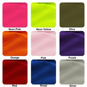 May include: Nine fabric swatches in different colors, including neon pink, neon yellow, olive, orange, pink, purple, red, royal blue, and silver. The fabric has a textured, mesh-like appearance.