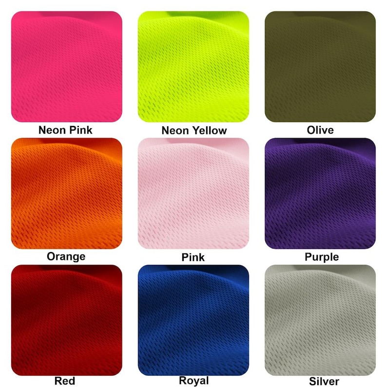 May include: Nine fabric swatches in different colors, including neon pink, neon yellow, olive, orange, pink, purple, red, royal blue, and silver. The fabric has a textured, mesh-like appearance.