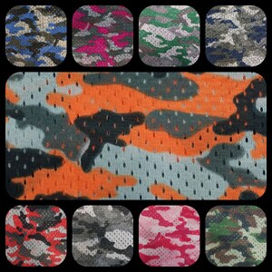 May include: A collection of ten different camouflage fabric swatches. The swatches are arranged in a grid pattern. Each swatch features a different color scheme and pattern of camouflage. The swatches are all made of a lightweight, breathable material.
