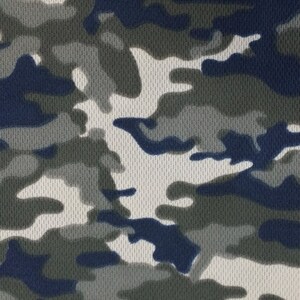 May include: Camouflage fabric with a white mesh background. The fabric features a blue, gray, and white camouflage pattern.