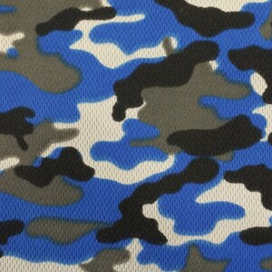 May include: Blue, black, and gray camouflage pattern fabric with a mesh texture.