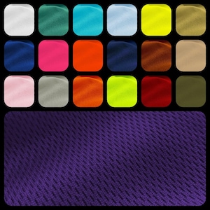 May include: A collection of 20 fabric swatches in various colors, including white, green, blue, light blue, yellow, beige, pink, orange, red, and gray. The swatches are arranged in a grid pattern on a black background. The bottom swatch is a dark purple color.