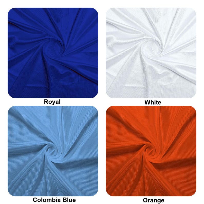 Puede incluir: Cuatro muestras de tela en diferentes colores: azul real, blanco, azul columbia y naranja. La tela tiene un acabado texturizado ligeramente brillante.