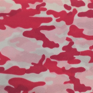 May include: Pink and red camouflage fabric with a mesh texture.
