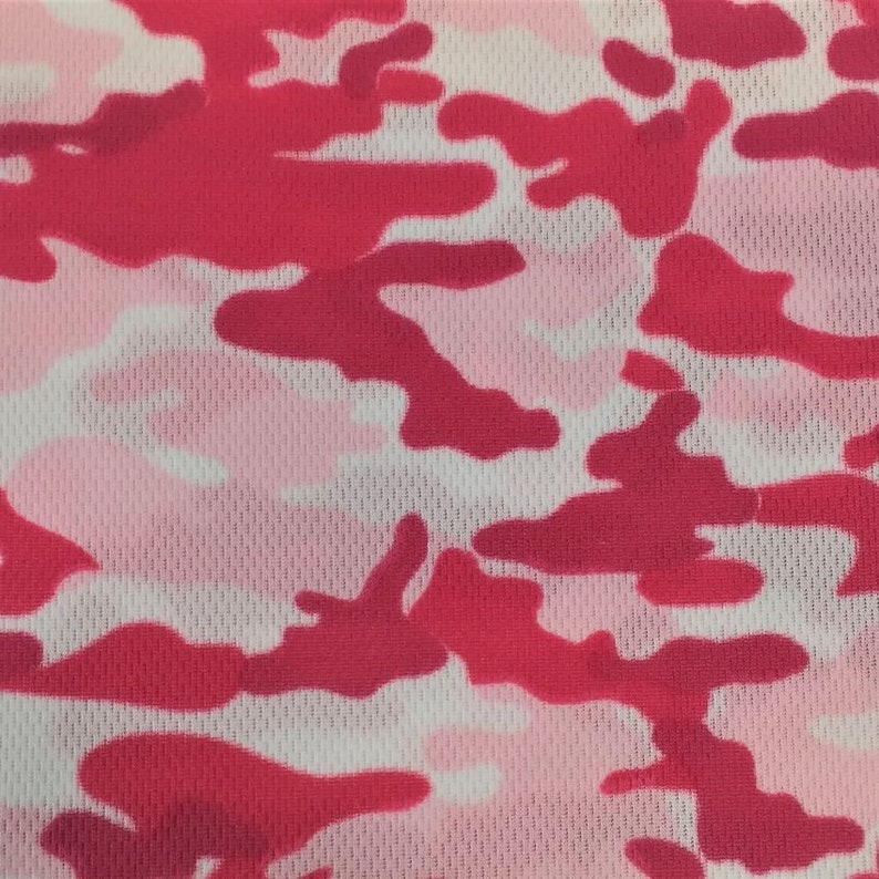 May include: Pink and red camouflage fabric with a mesh texture.