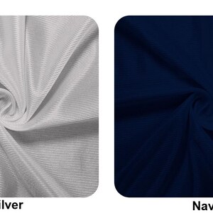 Puede incluir: Dos muestras de tela, una plateada y otra azul marino, que muestran la textura de la tela.