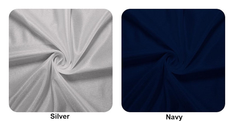 Puede incluir: Dos muestras de tela, una plateada y otra azul marino, que muestran la textura de la tela.