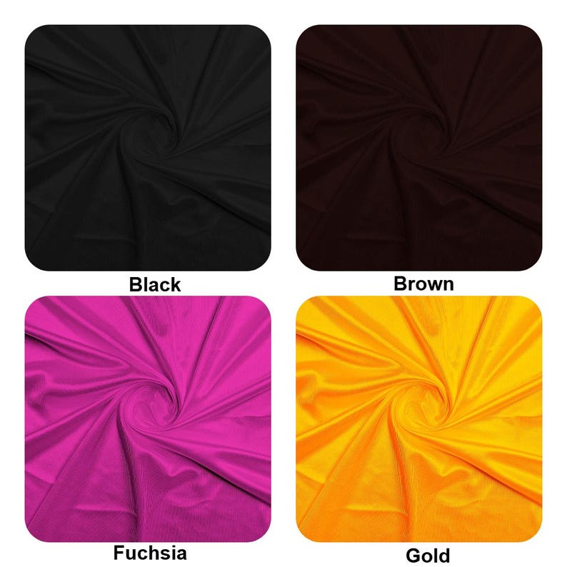 Puede incluir: Cuatro muestras de tela en diferentes colores: negro, marr&oacute;n, fucsia y dorado. La tela es lisa y tiene un ligero brillo.