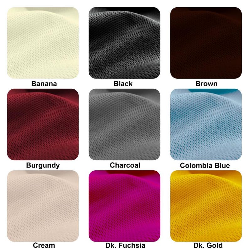 May include: Nine fabric swatches in different colors, including banana, black, brown, burgundy, charcoal, Columbia blue, cream, dark fuchsia, and dark gold.