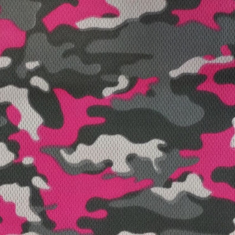 May include: Pink, gray, and white camouflage fabric with a mesh texture.