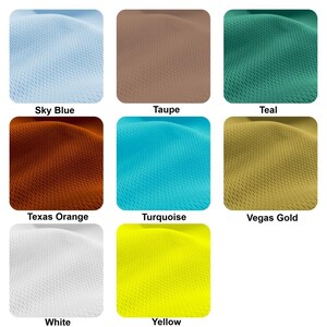 May include: Nine fabric swatches in different colors: sky blue, taupe, teal, Texas orange, turquoise, Vegas gold, white, yellow. Each swatch is a close-up of a textured fabric.