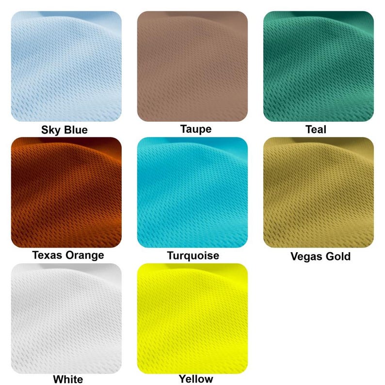 May include: Nine fabric swatches in different colors: sky blue, taupe, teal, Texas orange, turquoise, Vegas gold, white, yellow. Each swatch is a close-up of a textured fabric.
