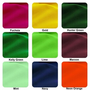 May include: Nine fabric swatches in different colors, including fuchsia, gold, hunter green, kelly green, lime, maroon, mint, navy, and neon orange. The fabric has a textured, mesh-like appearance.