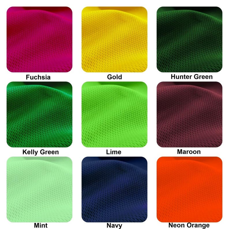 May include: Nine fabric swatches in different colors, including fuchsia, gold, hunter green, kelly green, lime, maroon, mint, navy, and neon orange. The fabric has a textured, mesh-like appearance.