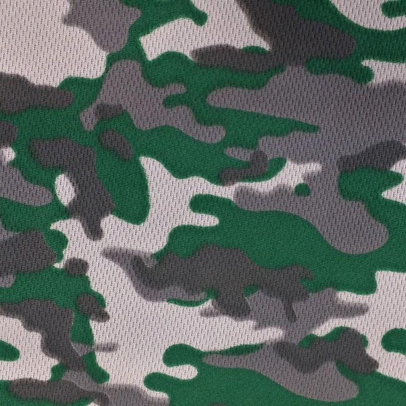 May include: Green, gray, and white camouflage pattern fabric with a mesh texture.