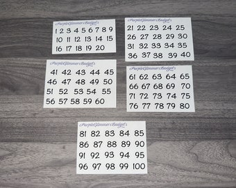 May include: Five white cards with black text, each card has a different set of numbers from 1 to 100. The text on the cards reads "Purple Glimmer Budgets".