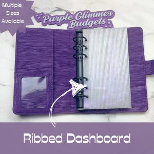 May include: A purple binder with a textured exterior, featuring a black six-ring metal mechanism and a clear plastic window pocket on the left interior. A translucent, vertically ribbed dashboard insert is attached to the rings. Text reads Purple Glimmer Budgets.