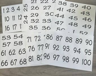 May include: A set of white paper cards with black numbers printed on them. The numbers range from 1 to 100.