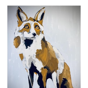 May include: A painting of a fox with white and brown fur, standing on a light blue background. The fox has black eyes and a black nose. The painting is done in a loose, impressionistic style.