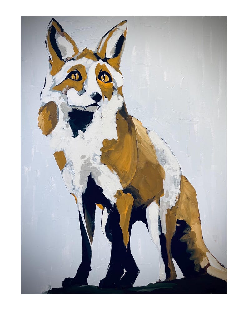 May include: A painting of a fox with white and brown fur, standing on a light blue background. The fox has black eyes and a black nose. The painting is done in a loose, impressionistic style.