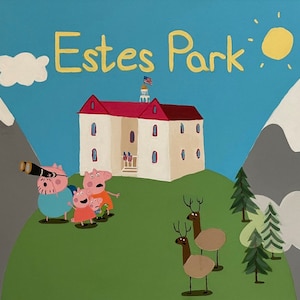 Peppa Park Art Print, arte de peppa pig, arte de Colorado, arte del parque Estes, el hotel Stanley, arte de personajes de dibujos animados, arte de vida silvestre, arte de Colorado