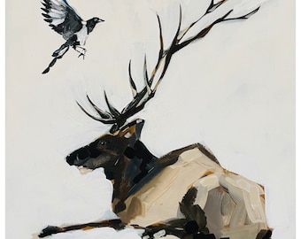 Elk and Magpie Art Print: Wildlife Animal Artwork